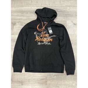 True Religion Men's Hoodie Sweater XL Black Orange Happy Buddha Logo NWT